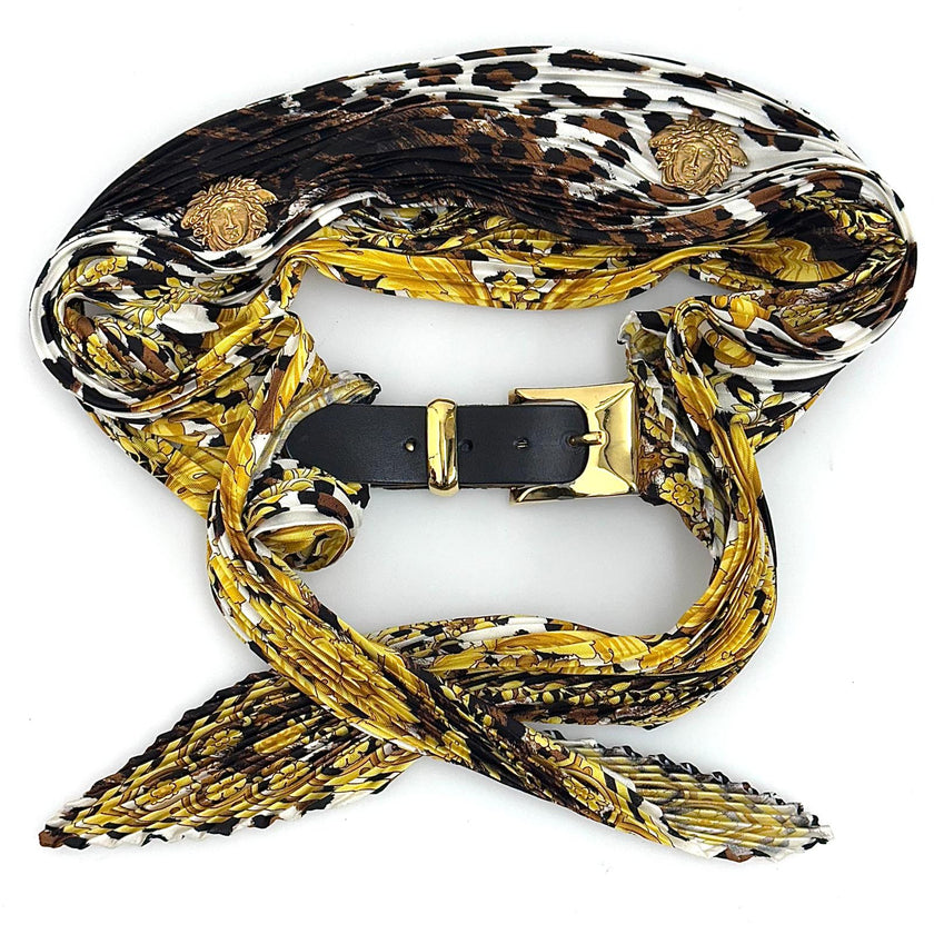 Gianni Versace cintura in seta plissettata con dettagli Medusa e pelle nera
