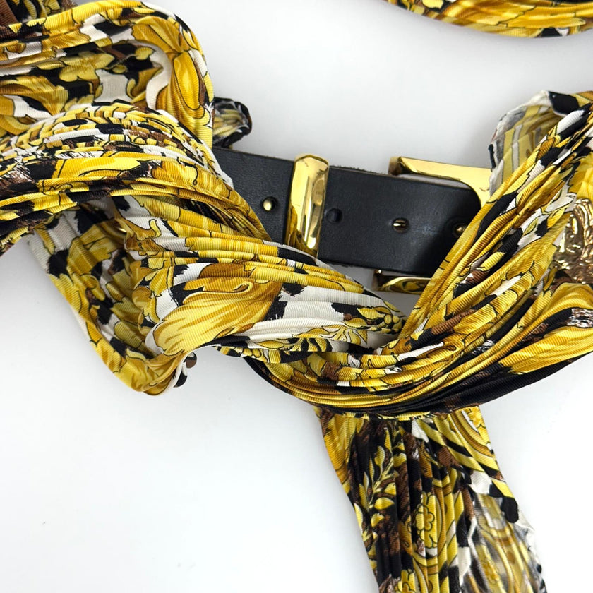 Gianni Versace cintura in seta plissettata con dettagli Medusa e pelle nera