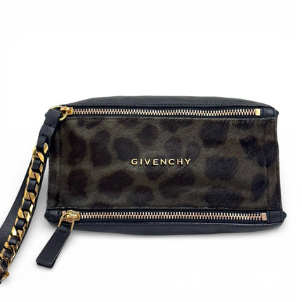 Givenchy Borsa mini clutch Pandora con laccio – cavallino leopardato e pelle nera