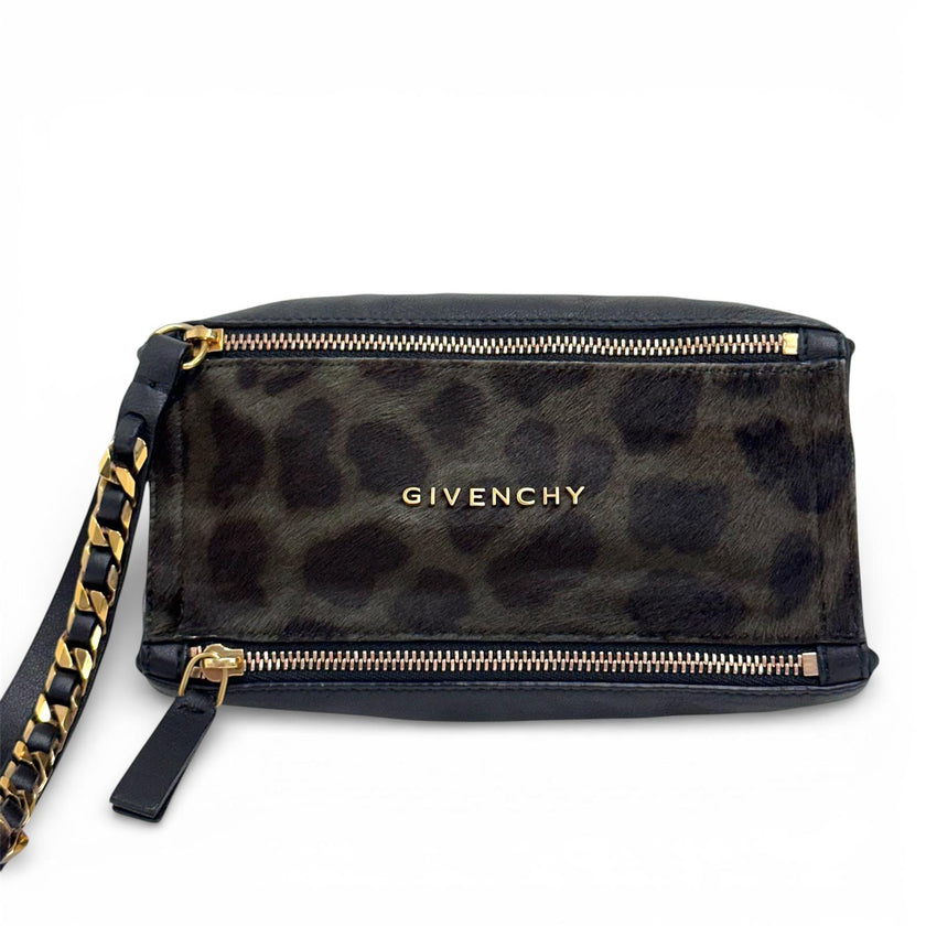 Givenchy Borsa mini clutch Pandora con laccio – cavallino leopardato e pelle nera