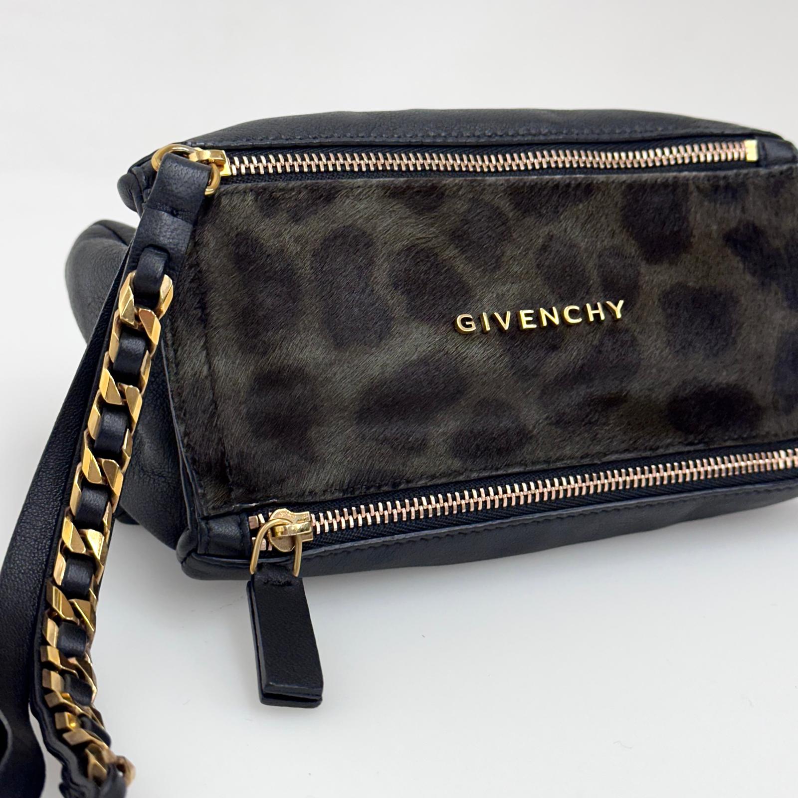 Givenchy Borsa mini clutch Pandora con laccio – cavallino leopardato e pelle nera