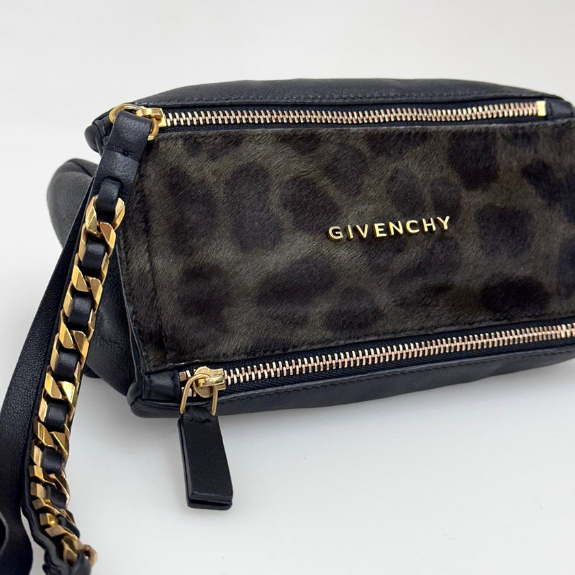 Givenchy Borsa mini clutch Pandora con laccio – cavallino leopardato e pelle nera