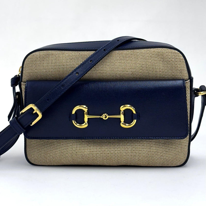 Gucci 1955 Horsebit Camera Bag a Tracolla in Canvas Beige e Pelle Blu