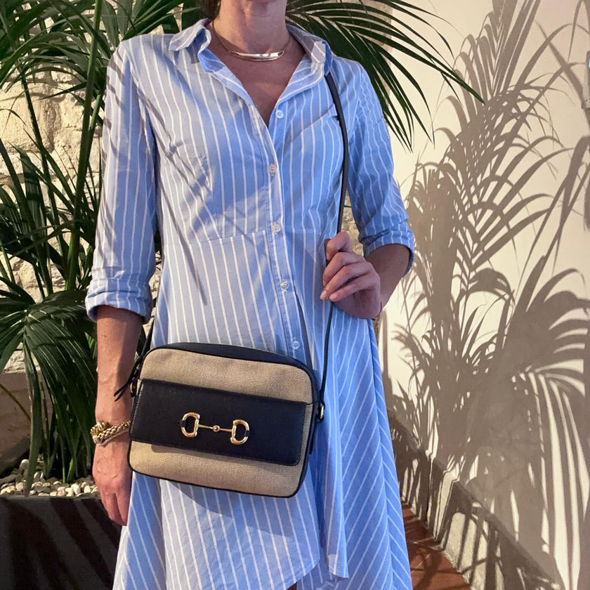 Gucci 1955 Horsebit Camera Bag a Tracolla in Canvas Beige e Pelle Blu