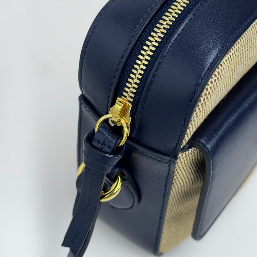 Gucci 1955 Horsebit Camera Bag a Tracolla in Canvas Beige e Pelle Blu