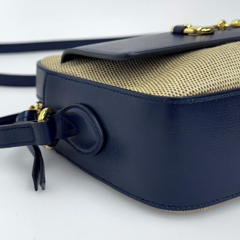 Gucci 1955 Horsebit Camera Bag a Tracolla in Canvas Beige e Pelle Blu