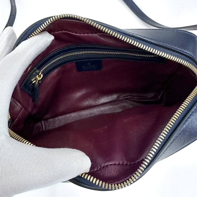 Gucci 1955 Horsebit Camera Bag a Tracolla in Canvas Beige e Pelle Blu