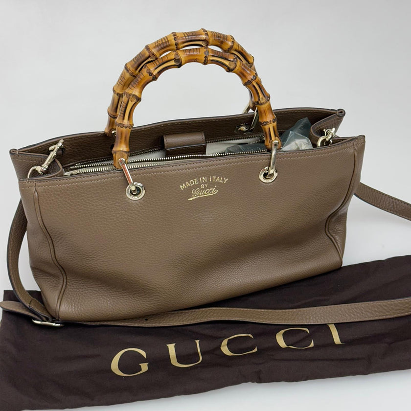 Gucci Bamboo Borsa Shopper Taupe in Pelle con Tracolla