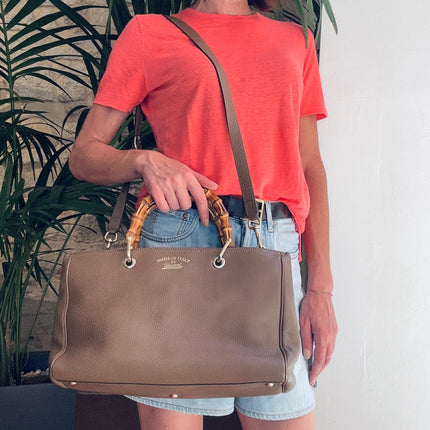 Gucci Bamboo Borsa Shopper Taupe in Pelle con Tracolla