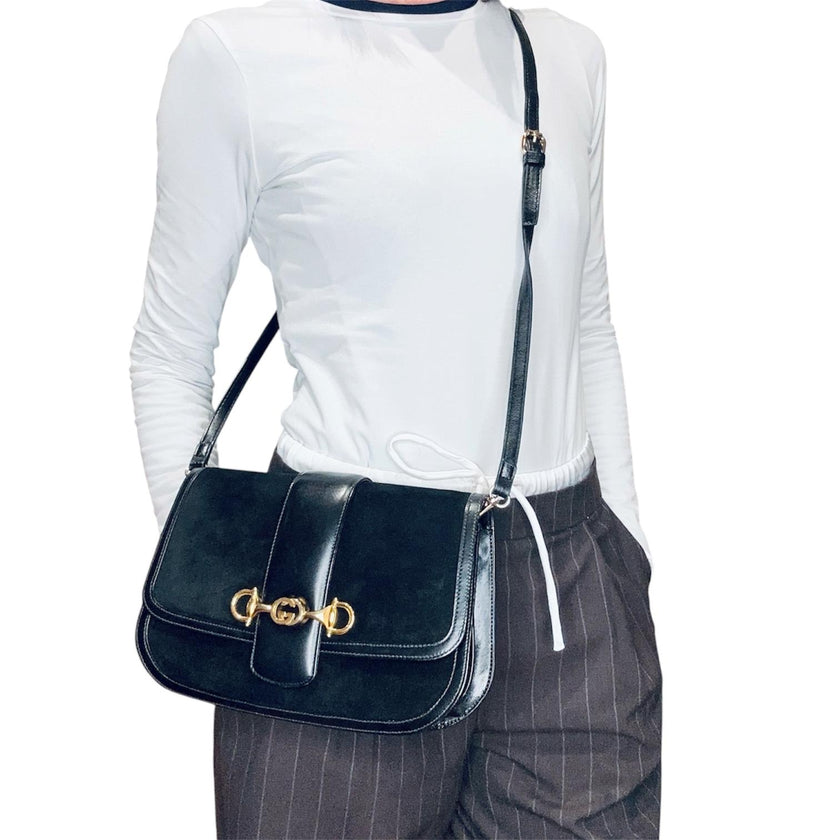 Gucci Borsa Horsebit 1955 in suede nero e pelle anni ’80-‘90
