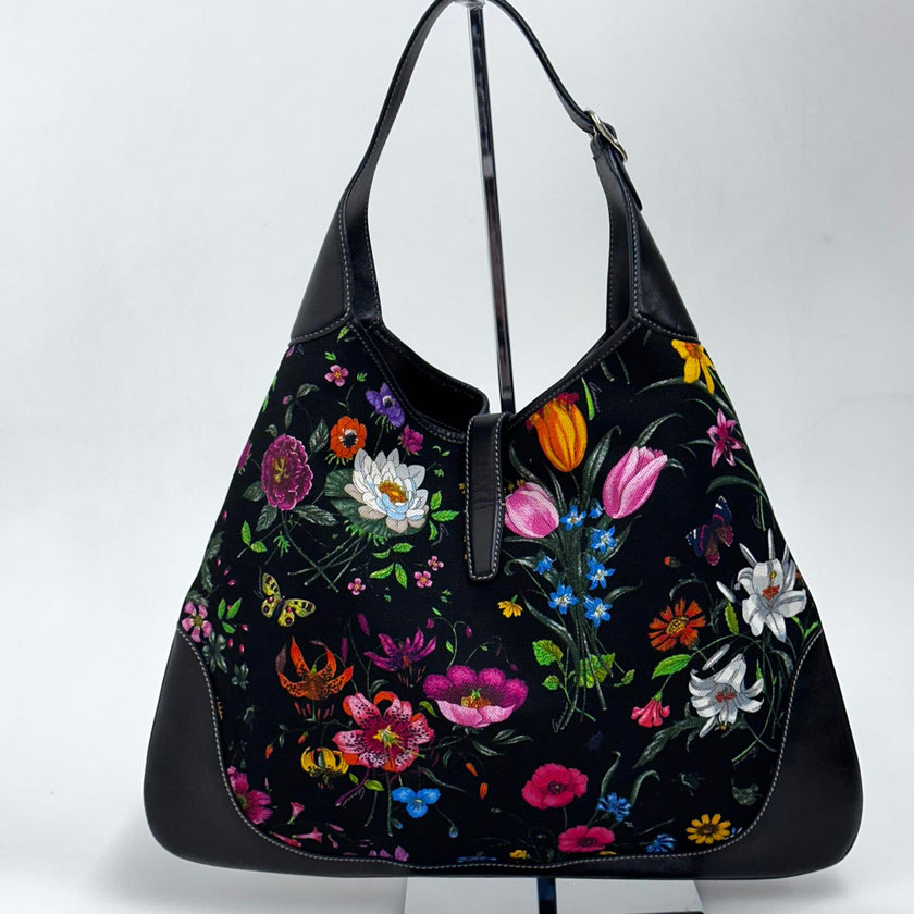 Gucci Borsa Jackie Maxi in tela Flora e pelle nera