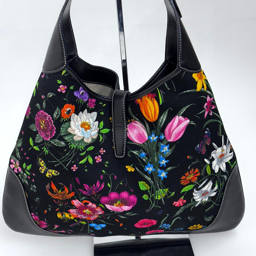 Gucci Borsa Jackie Maxi in tela Flora e pelle nera