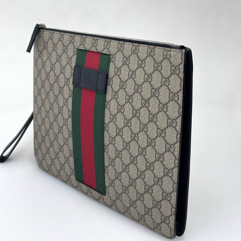 Gucci Borsa Maxi Pochette GG Supreme con Web Verde e Rosso