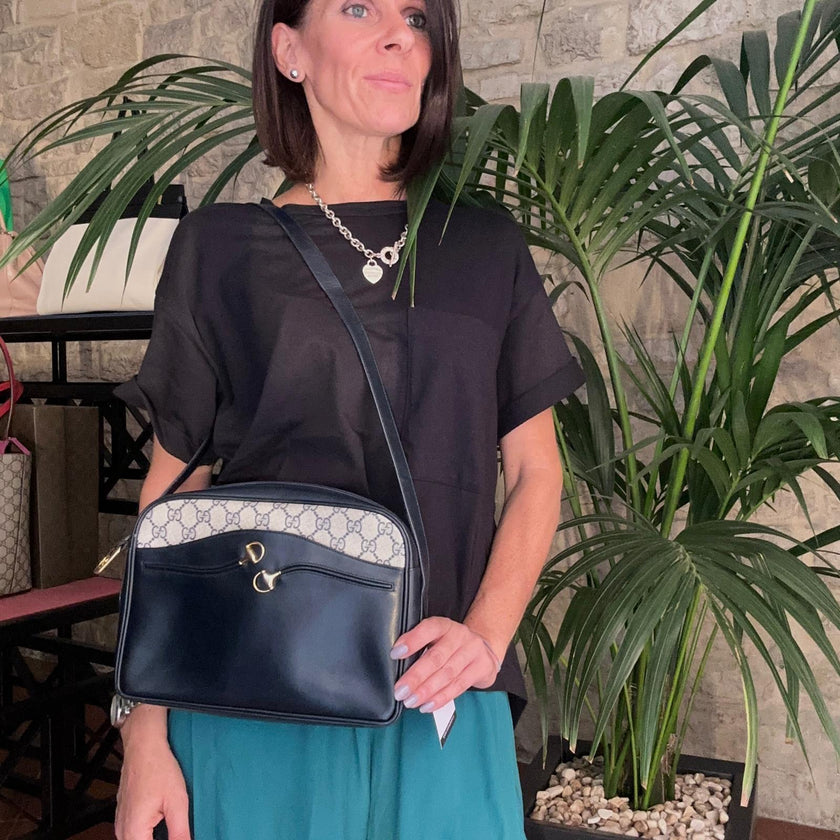 Gucci Borsa Messenger Horsebit Vintage in Tela GG Supreme e Pelle Blu