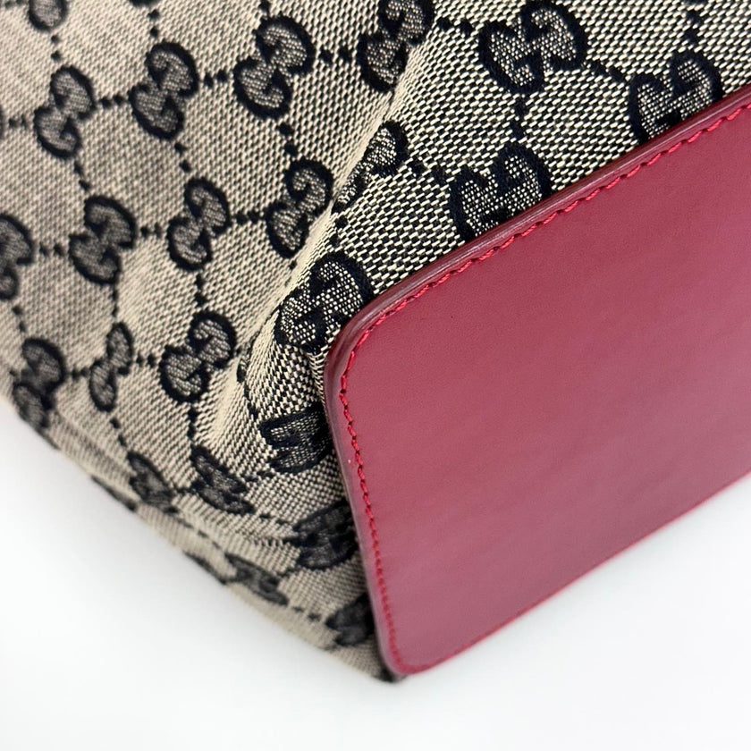 Gucci Borsa Tote GG Canvas beige e blu con pelle rossa
