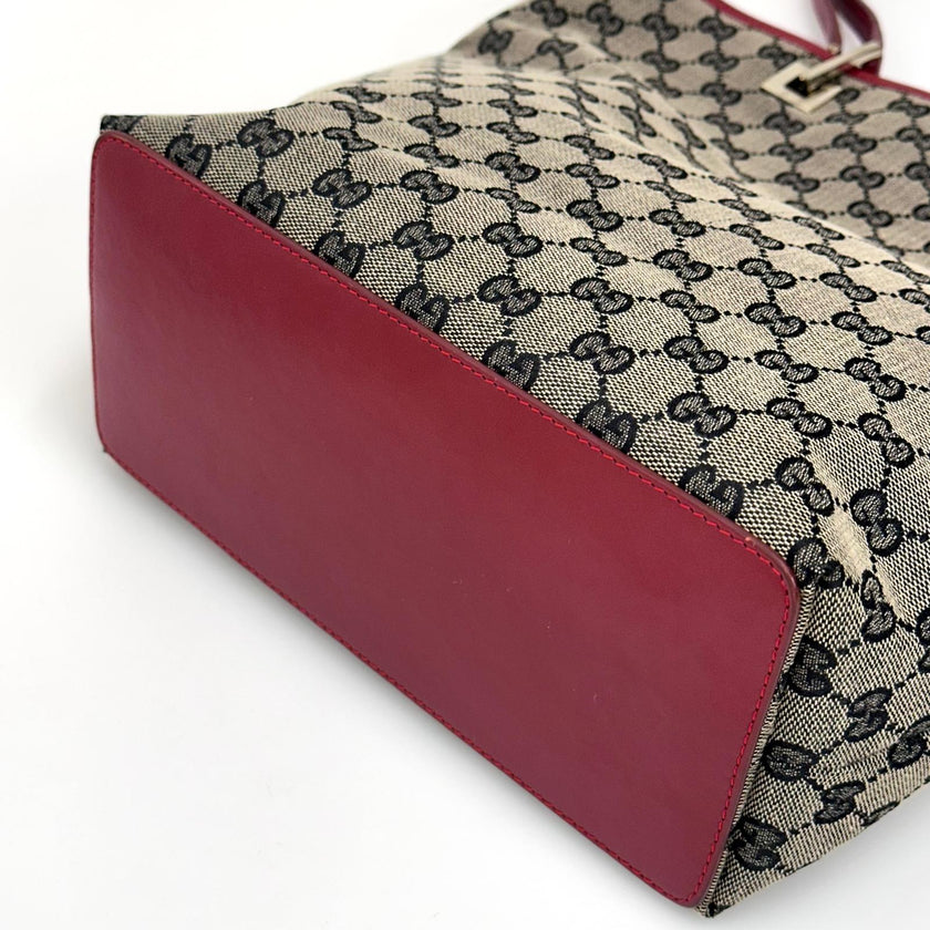 Gucci Borsa Tote GG Canvas beige e blu con pelle rossa