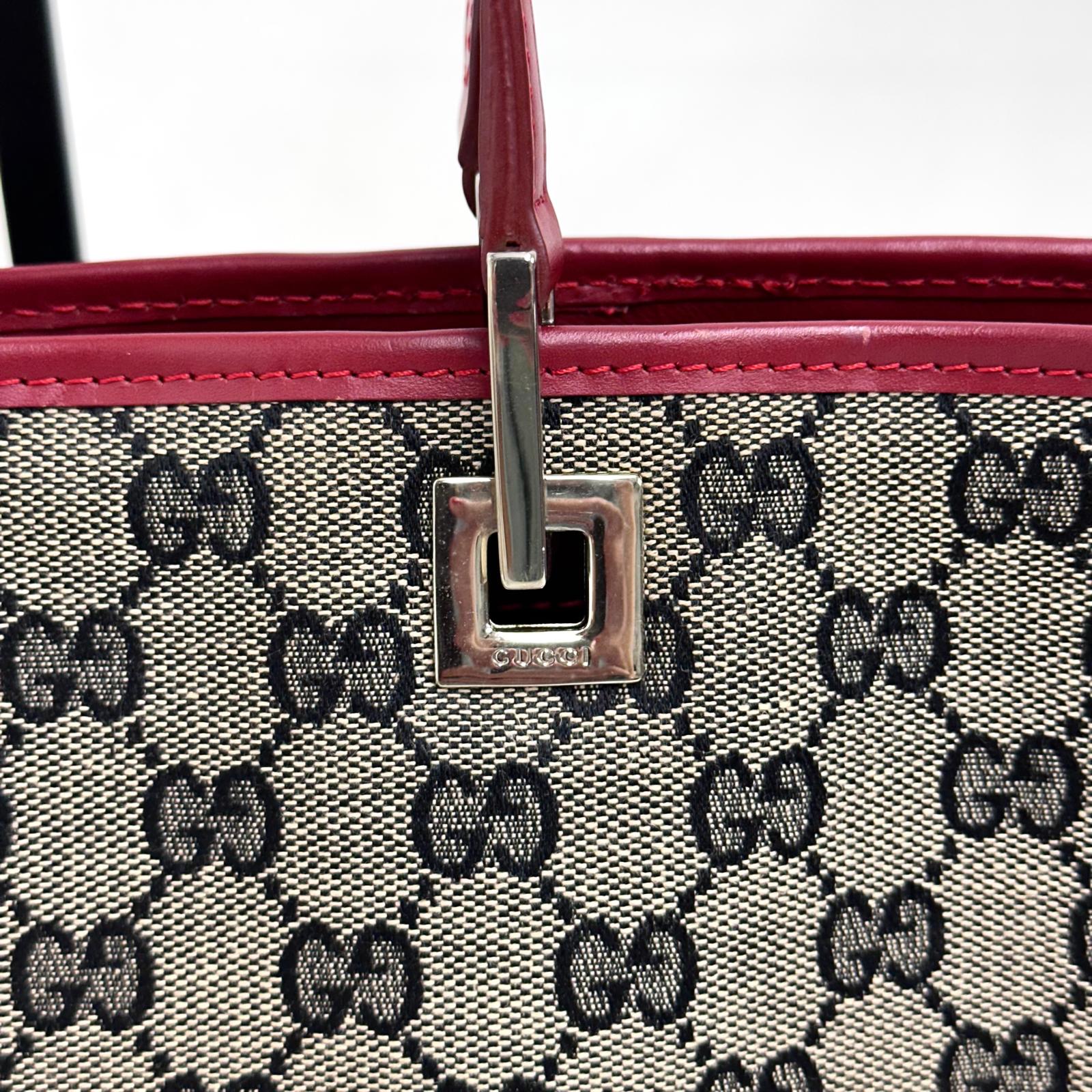 Gucci Borsa Tote GG Canvas beige e blu con pelle rossa