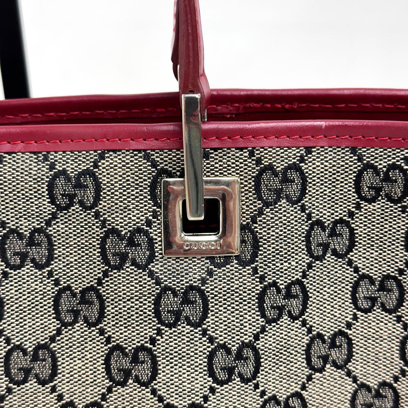 Gucci Borsa Tote GG Canvas beige e blu con pelle rossa