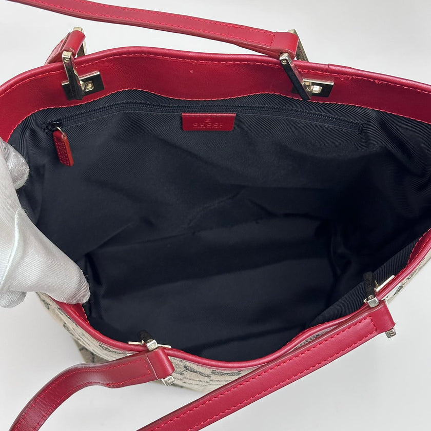 Gucci Borsa Tote GG Canvas beige e blu con pelle rossa