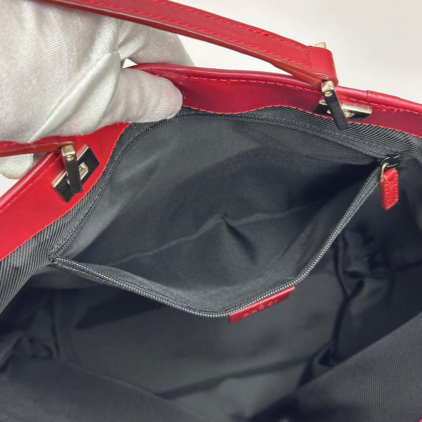 Gucci Borsa Tote GG Canvas beige e blu con pelle rossa