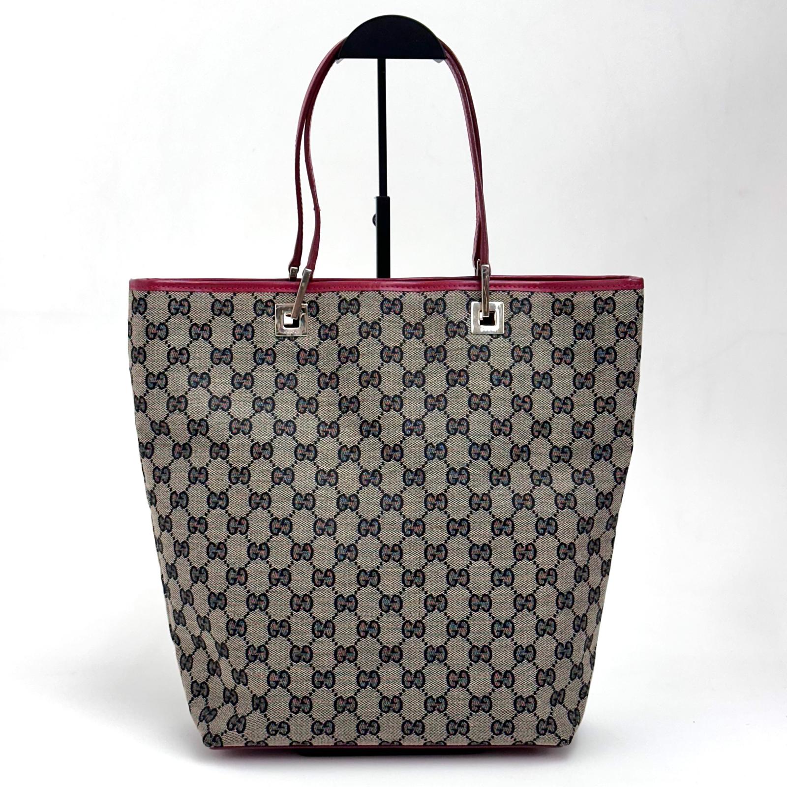 Gucci Borsa Tote GG Canvas beige e blu con pelle rossa