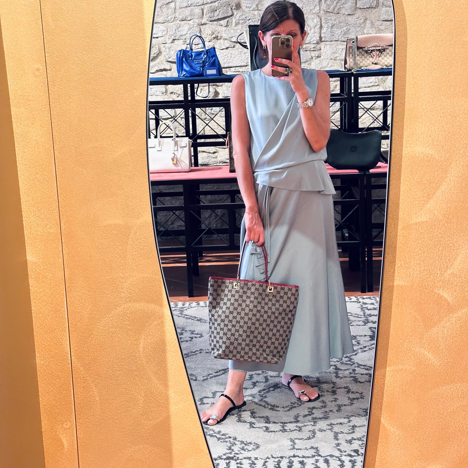 Gucci Borsa Tote GG Canvas beige e blu con pelle rossa