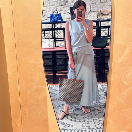 Gucci Borsa Tote GG Canvas beige e blu con pelle rossa