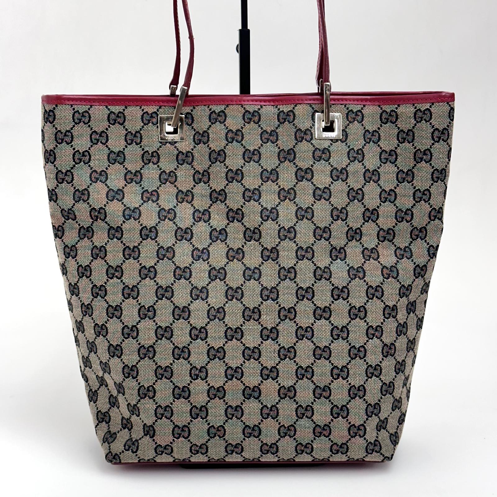 Gucci Borsa Tote GG Canvas beige e blu con pelle rossa