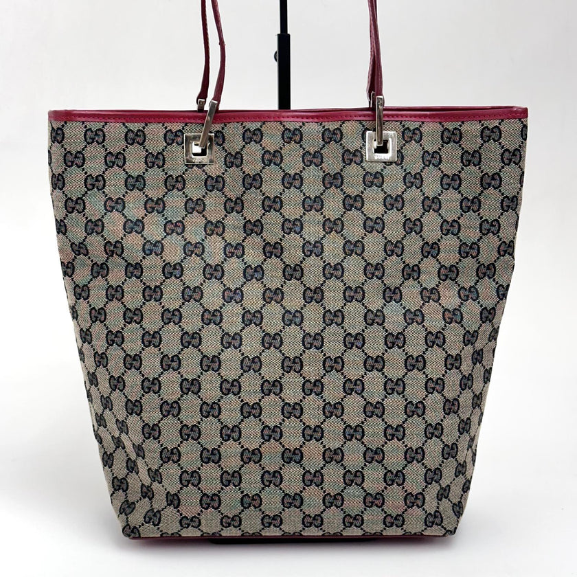 Gucci Borsa Tote GG Canvas beige e blu con pelle rossa