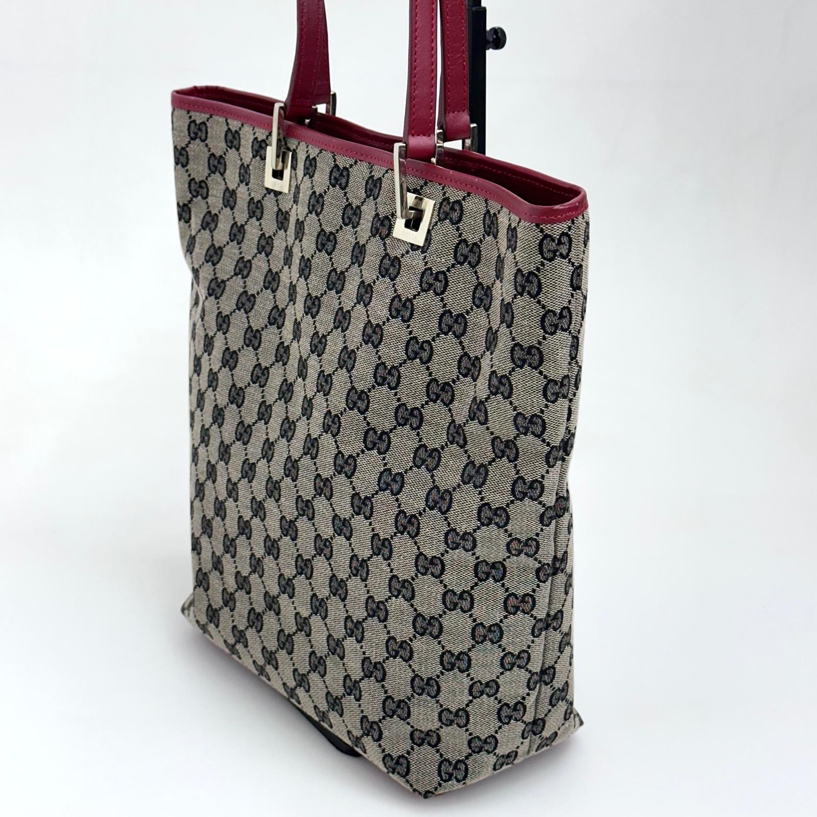 Gucci Borsa Tote GG Canvas beige e blu con pelle rossa