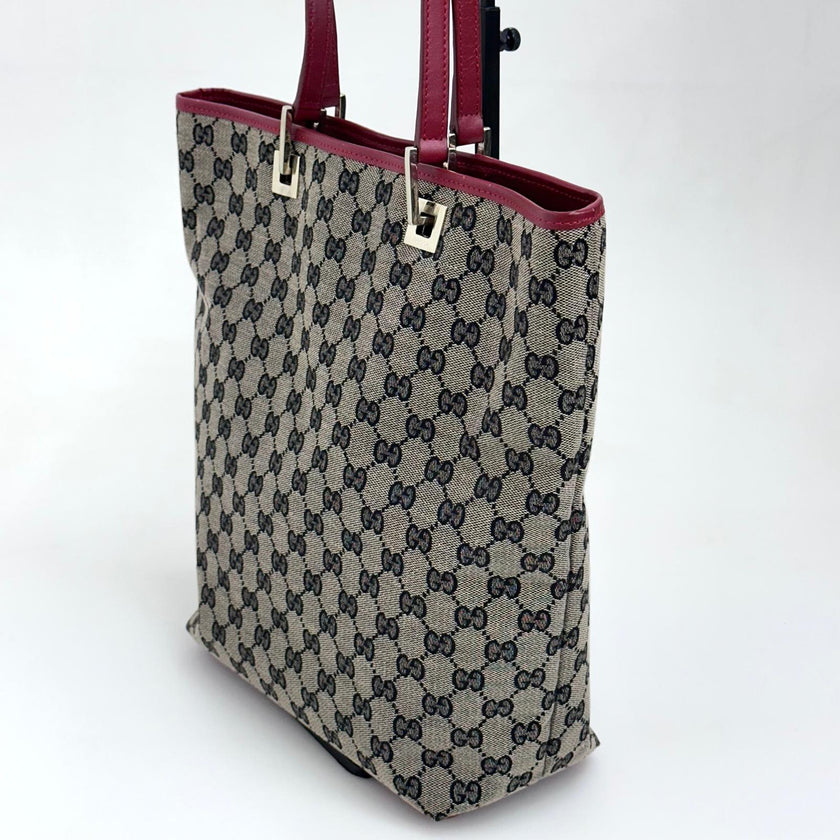 Gucci Borsa Tote GG Canvas beige e blu con pelle rossa
