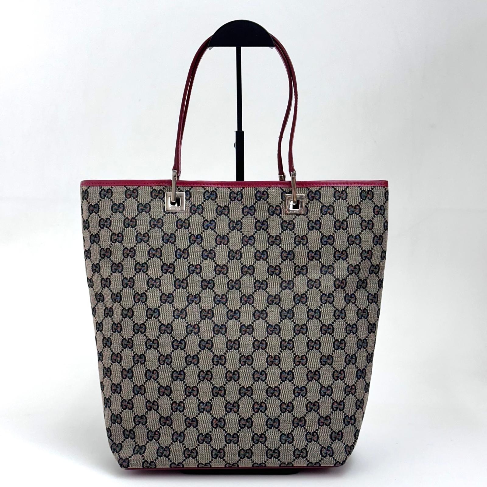 Gucci Borsa Tote GG Canvas beige e blu con pelle rossa