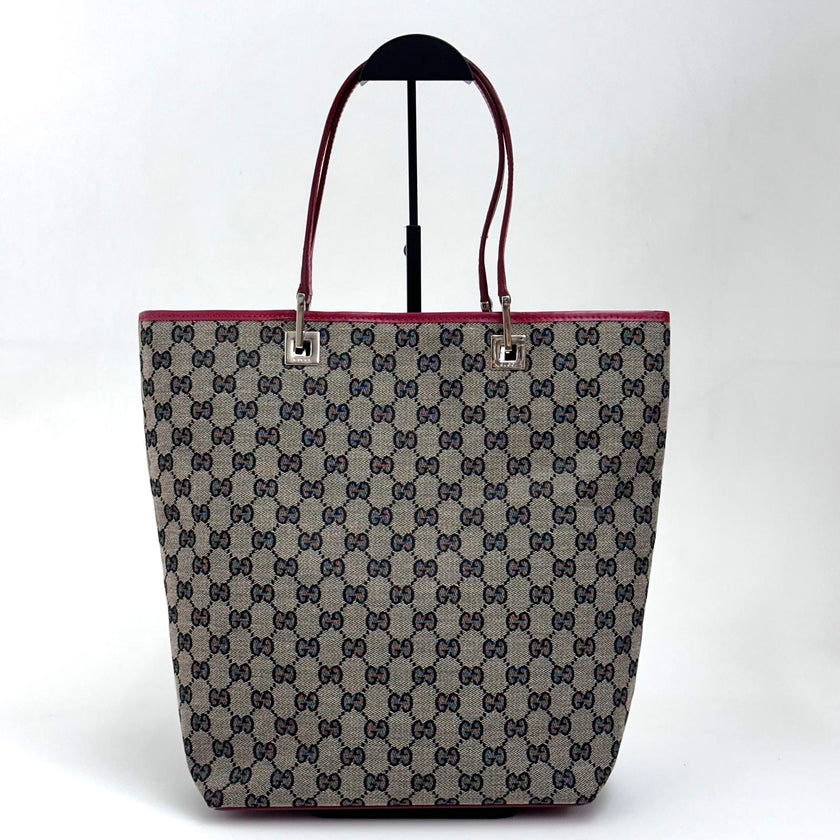 Gucci Borsa Tote GG Canvas beige e blu con pelle rossa