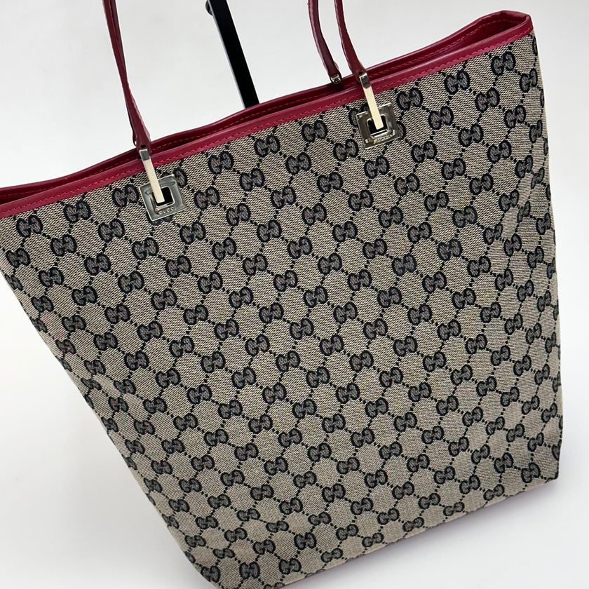 Gucci Borsa Tote GG Canvas beige e blu con pelle rossa