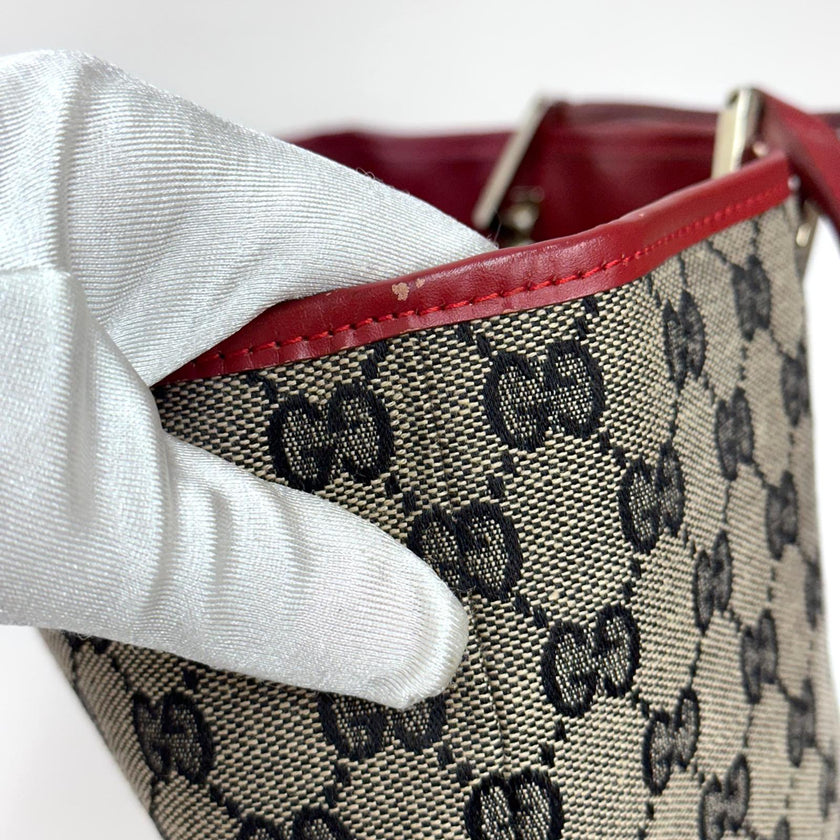 Gucci Borsa Tote GG Canvas beige e blu con pelle rossa