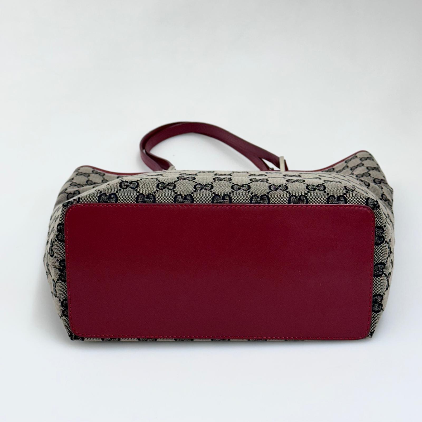 Gucci Borsa Tote GG Canvas beige e blu con pelle rossa