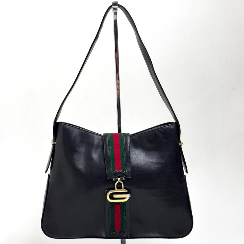 Gucci Borsa Vintage a Spalla in Pelle Nera con Fascia Web