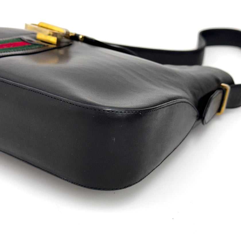 Gucci Borsa Vintage a Spalla in Pelle Nera con Fascia Web