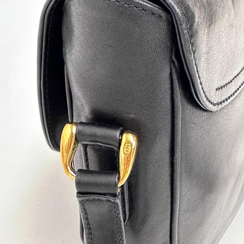 Gucci Borsa Vintage a Tracolla in Pelle Nero/Blu con Logo Dorato