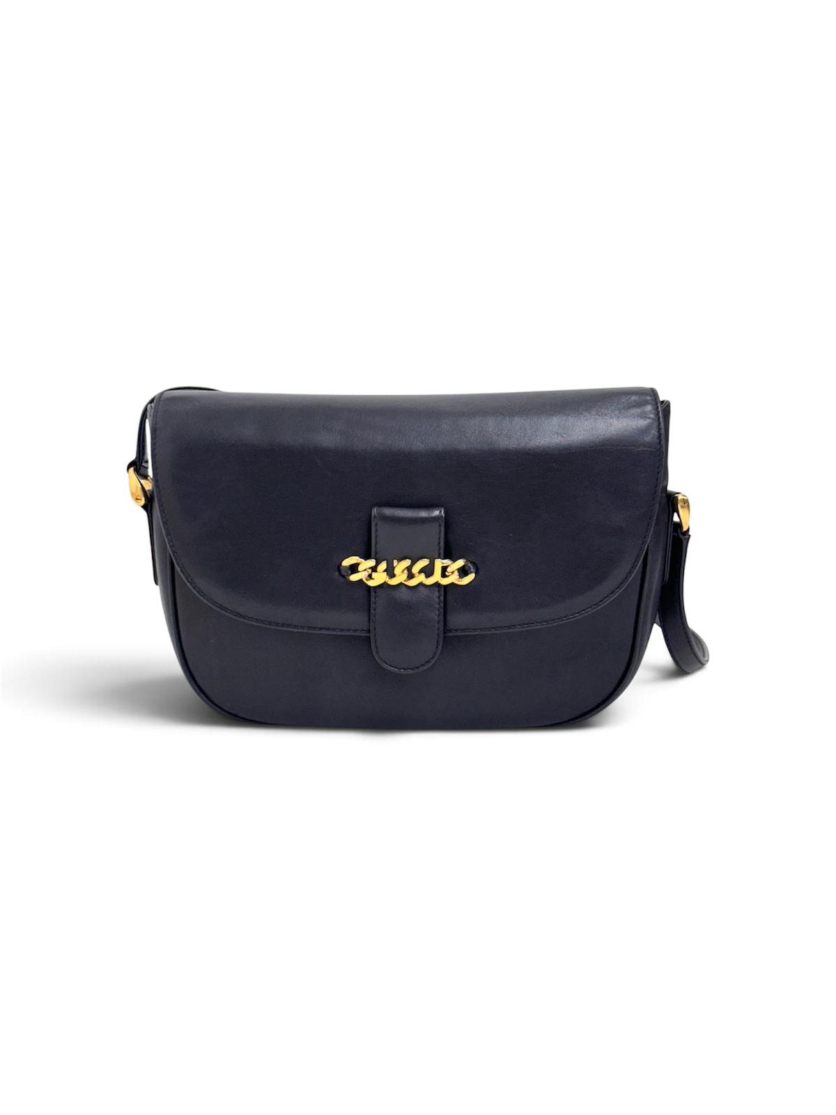 Gucci Borsa Vintage a Tracolla in Pelle Nero/Blu con Logo Dorato