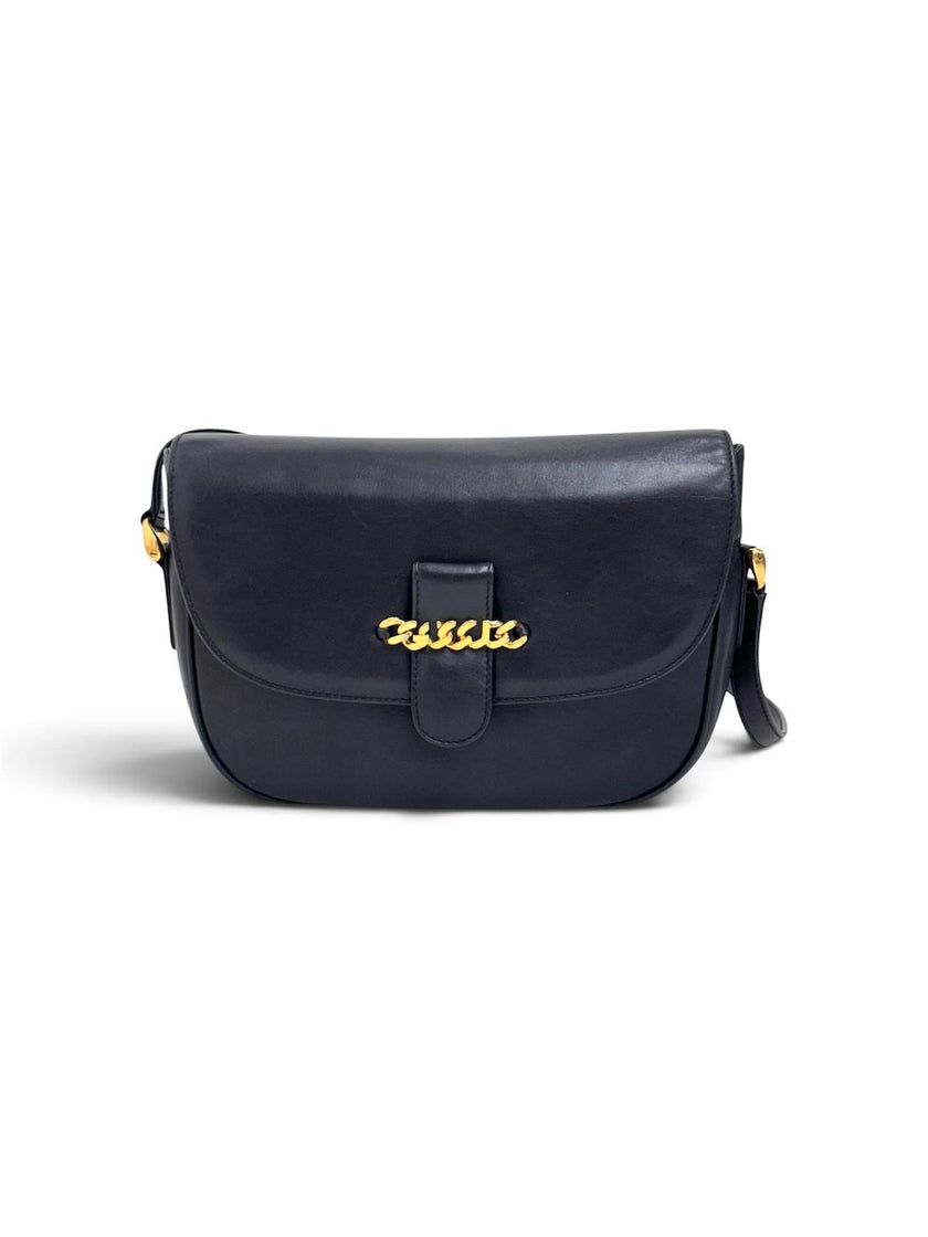 Gucci Borsa Vintage a Tracolla in Pelle Nero/Blu con Logo Dorato