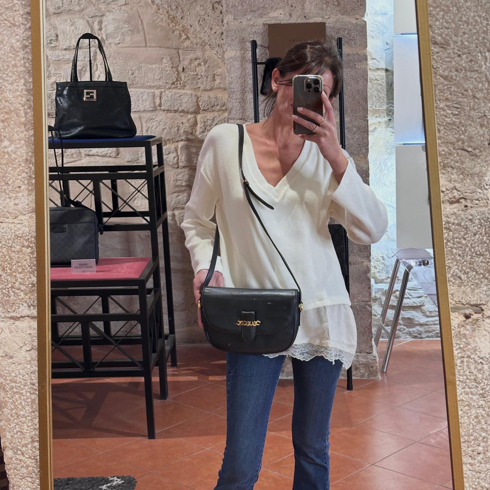 Gucci Borsa Vintage a Tracolla in Pelle Nero/Blu con Logo Dorato