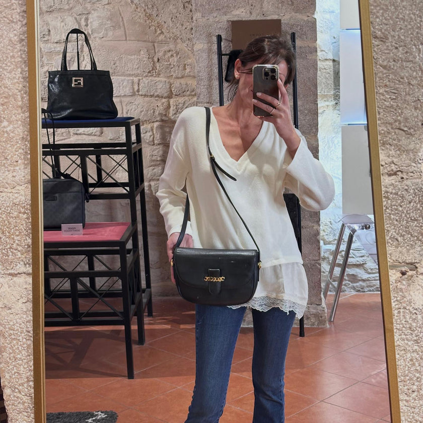 Gucci Borsa Vintage a Tracolla in Pelle Nero/Blu con Logo Dorato