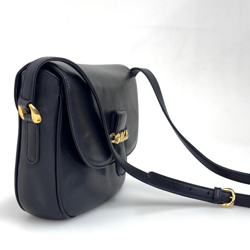 Gucci Borsa Vintage a Tracolla in Pelle Nero/Blu con Logo Dorato