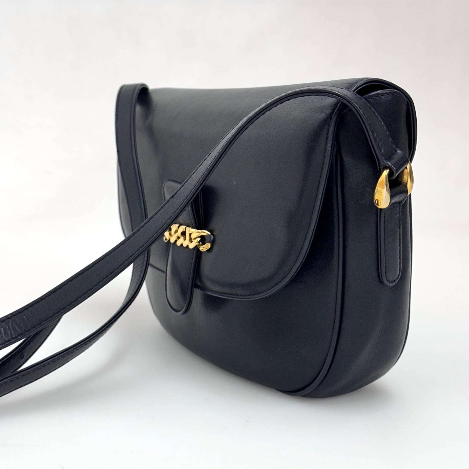 Gucci Borsa Vintage a Tracolla in Pelle Nero/Blu con Logo Dorato