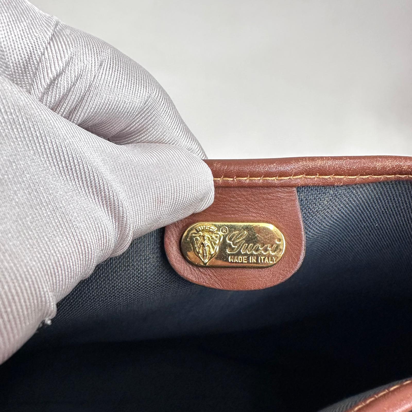 Gucci Borsa Web vintage a spalla in tela Micro GG nera e pelle marrone