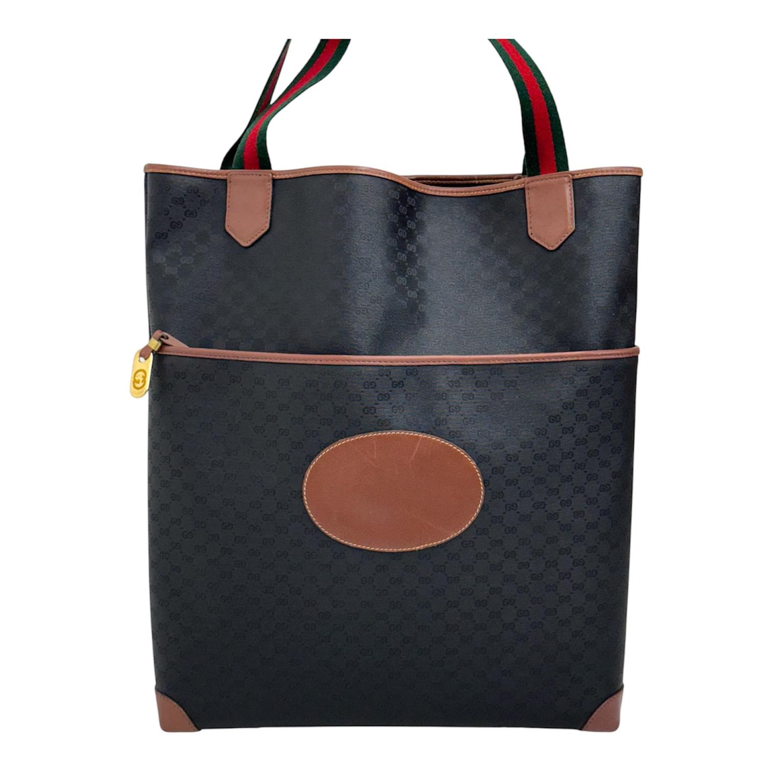 Gucci Borsa Web vintage a spalla in tela Micro GG nera e pelle marrone