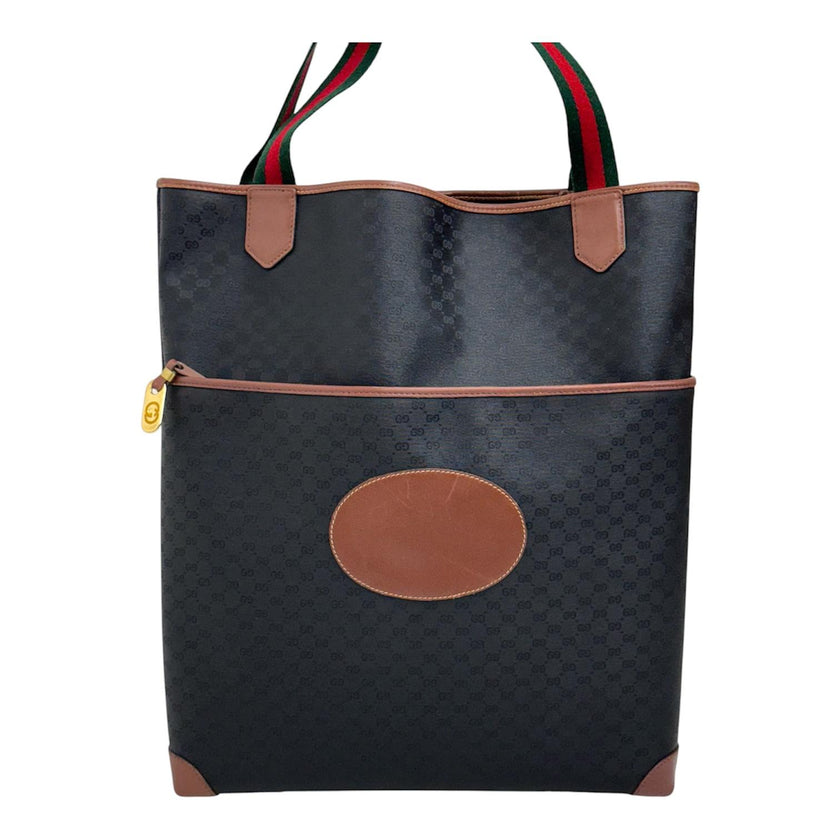 Gucci Borsa Web vintage a spalla in tela Micro GG nera e pelle marrone