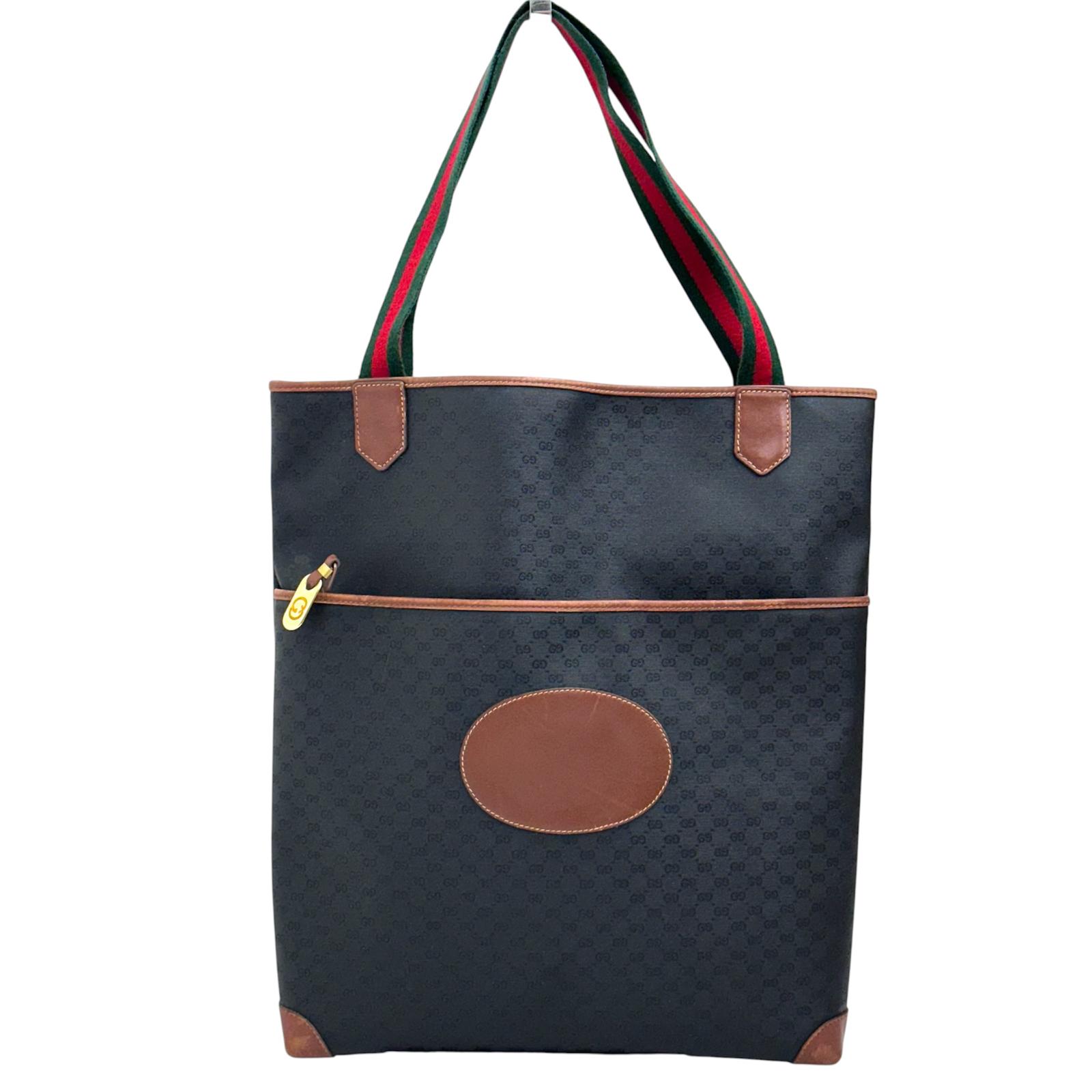 Gucci Borsa Web vintage a spalla in tela Micro GG nera e pelle marrone