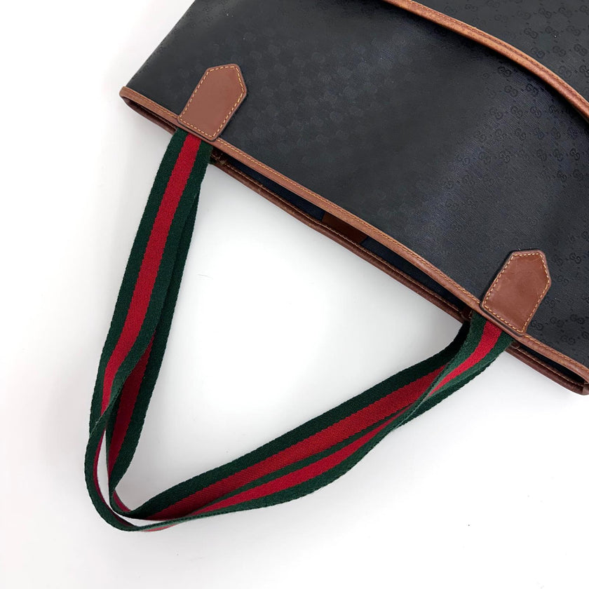 Gucci Borsa Web vintage a spalla in tela Micro GG nera e pelle marrone